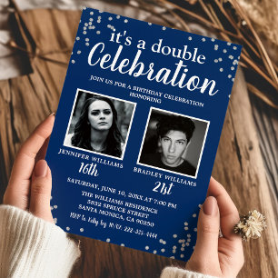 Blue Silver Joint Birthday Photo Invitation