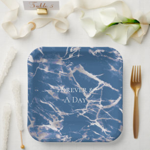 Blue Silver Marble Wedding Paper Plate