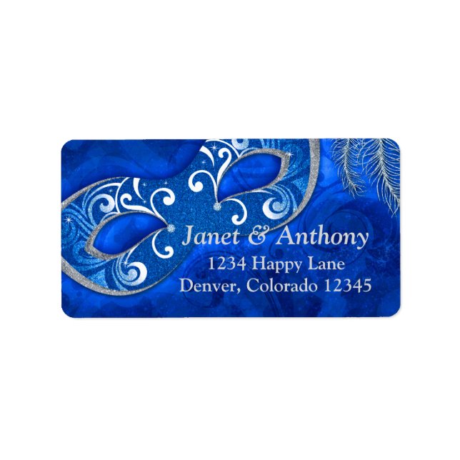 Blue Silver Masquerade Ball Wedding Address Label (Front)