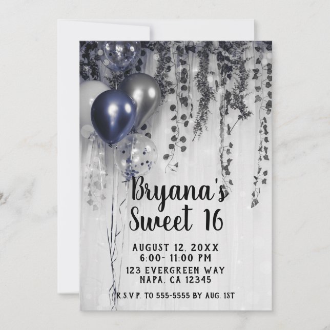 Blue Silver Metallic Balloons Ivy White Sweet 16 Invitation (Front)