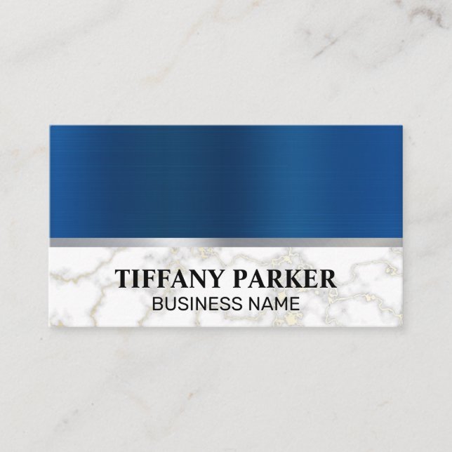 Blue Silver Metallic  | Marble Metallic Trim Business Card (Front)