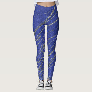 Blue & Silver Modern Glam Marble Stripe Party Menu Leggings