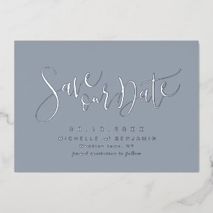 Blue Silver Modern Script Simple Save The Date