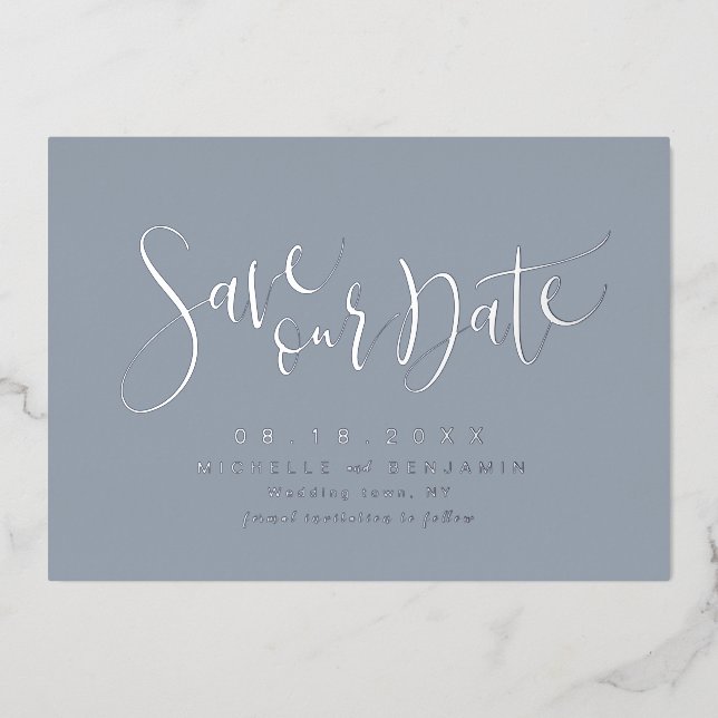 Blue Silver Modern Script Simple Save The Date (Front)
