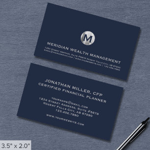 Blue Silver Monogram Financial Business Card