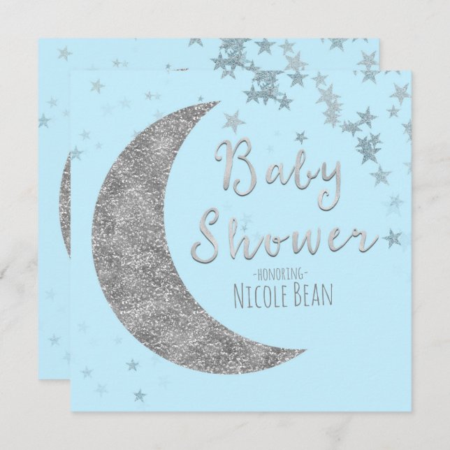 Blue & Silver Moon & Stars Baby Shower Invitations (Front/Back)