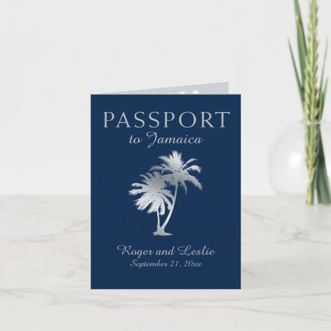 Blue Silver Ocho Rios Jamaica Wedding Passport Inv Invitation (Front)