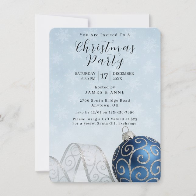 Blue & Silver Ornament Christmas Party Invitation (Front)