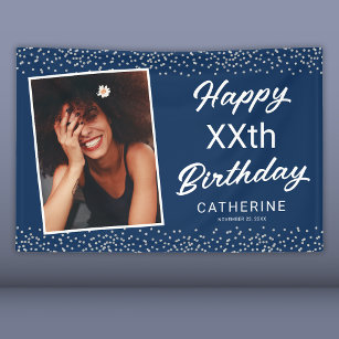 Blue Silver Photo Any Age Happy Birthday Banner