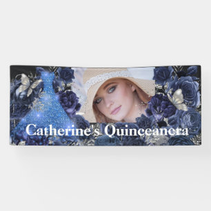 Blue silver photo glitter butterfly quinceanera banner