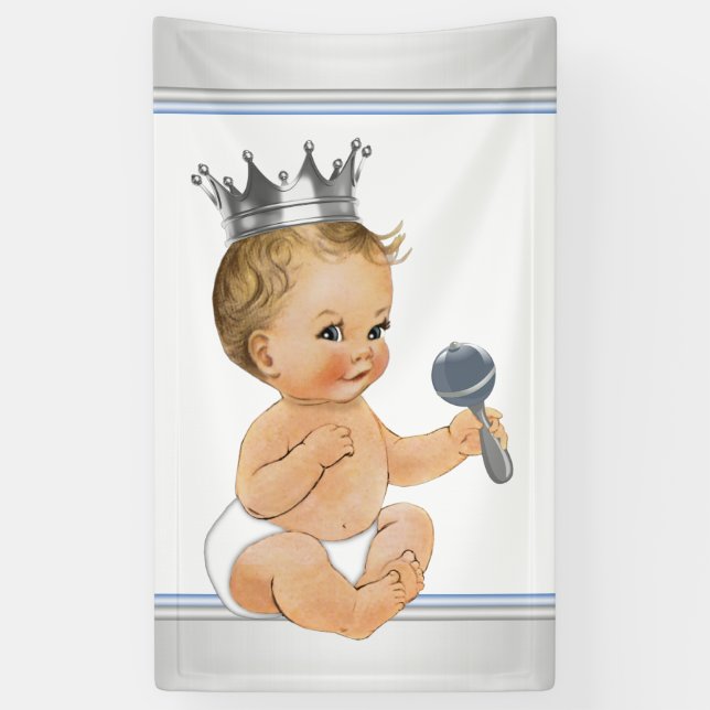 Blue Silver Prince Baby Shower Banner (Vertical)