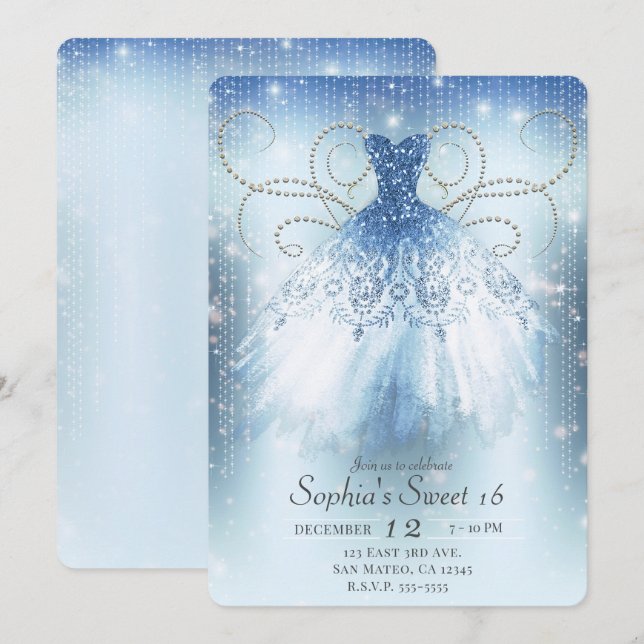 Blue Silver Princess Glitter Dress Sweet 16 Party Invitation (Front/Back)