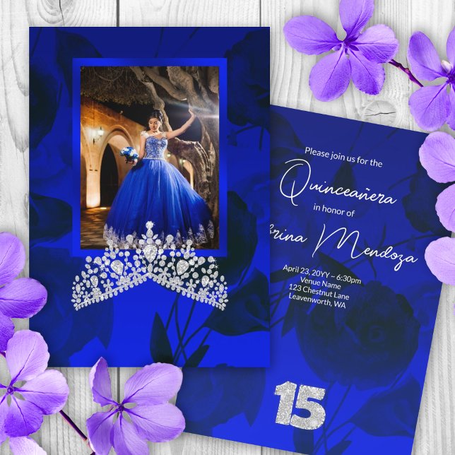 Blue, Silver Quinceanera Gemstone Tiara Invitation (royal blue quinceanera silver number 15 fifteen 15th diamond tiara elegant blue mis quince anos)
