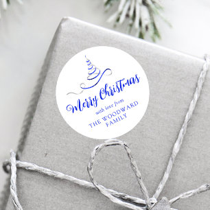 Blue Silver Ribbon Tree Merry Christmas Script Classic Round Sticker