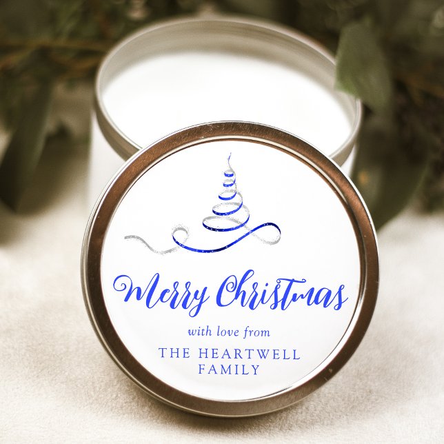 Blue Silver Ribbon Tree Merry Christmas Script Classic Round Sticker (Creator Uploaded)