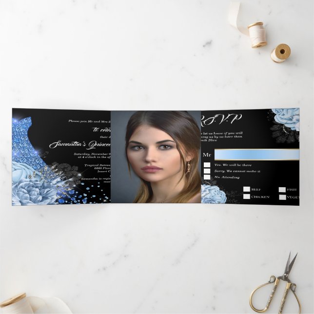 Blue silver rose PHOTO quinceanera floral glitter Tri-Fold Invitation (Inside)