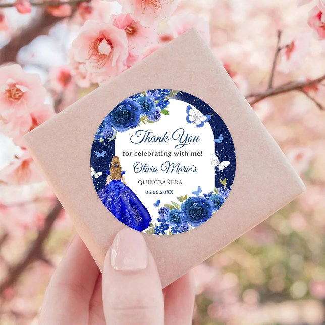 Blue Silver Rose Quinceanera Birthday  Classic Round Sticker (Creator Uploaded)