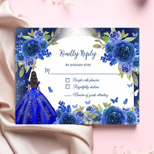 Blue Silver Rose Quinceanera Birthday RSVP Card