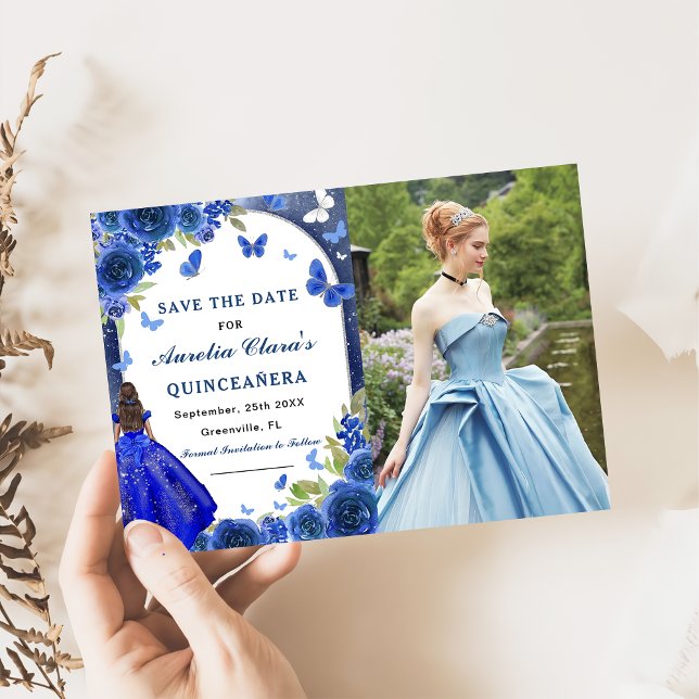 Blue Silver Rose Quinceanera Photo Save The Date (Creator Uploaded)