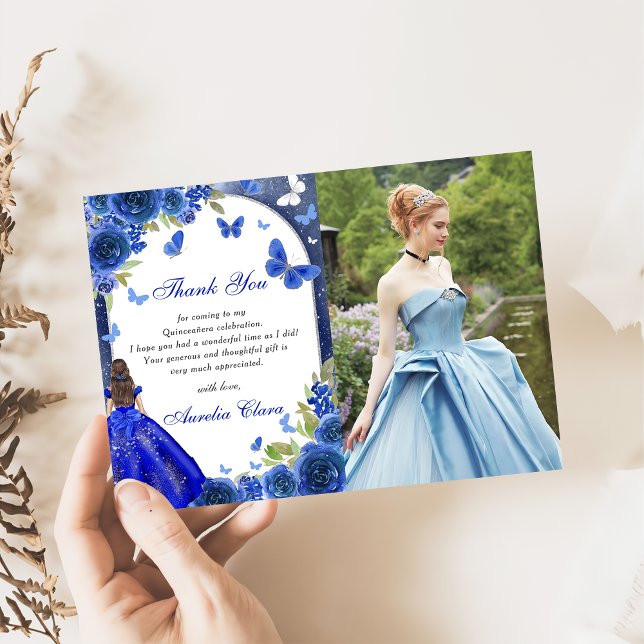 Blue Silver Rose Quinceanera Photo Thank You Card (Creator Uploaded)