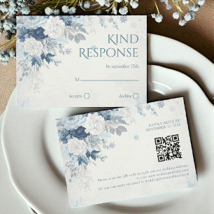 Blue Silver Rose Winter Floral Wedding QR Code RSVP Card