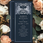 Blue & Silver Royal Lion Mediaeval Sword Wedding Programme<br><div class="desc">Unveil the magic of your big day! These mediaeval fantasy wedding programs feature a regal lion surrounded by intricate silver florals and a monogram against a navy blue background, blending elegance with a touch of grandeur. A perfect keepsake for your fairytale celebration! The silver featured on this item is NOT...</div>