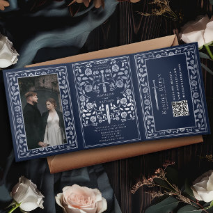 Blue Silver Royal Mediaeval Sword Wedding QR Code Tri-Fold Invitation