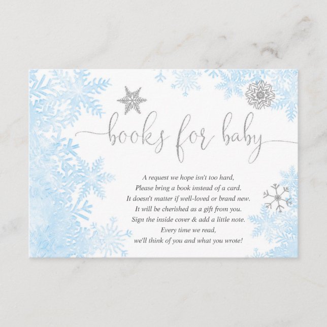 Blue silver snowflake boy baby shower book request enclosure card (Front)
