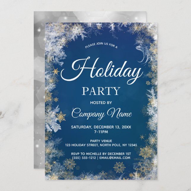 Blue Silver Snowflake Corporate Holiday Party Invitation (Front/Back)