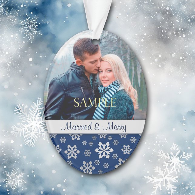 Blue Silver Snowflake Married & Merry Christmas Ornament (Creator Uploaded)