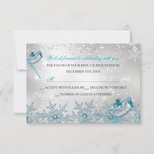 Blue Silver Snowflake Masquerade Christmas RSVP (Front)