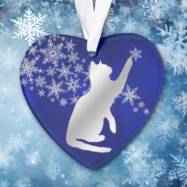 Blue Silver Snowflake Playful Cat Ornament (Creator Uploaded)