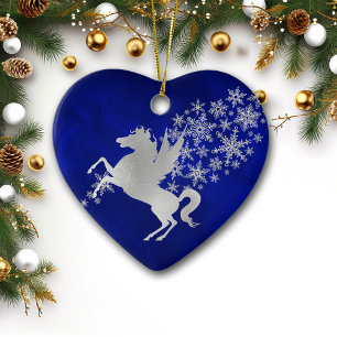 Blue Silver Snowflake Unicorn Personalised Ceramic Tree Decoration