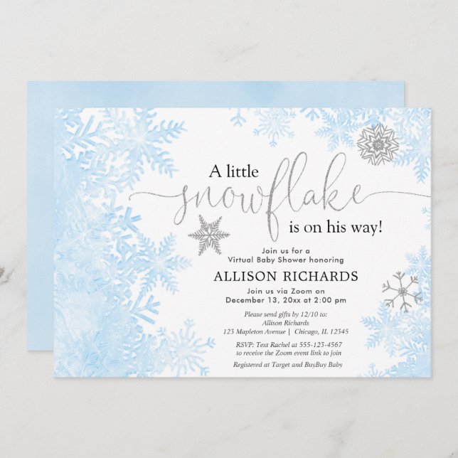Blue silver snowflake Virtual boy baby shower Invitation (Front/Back)