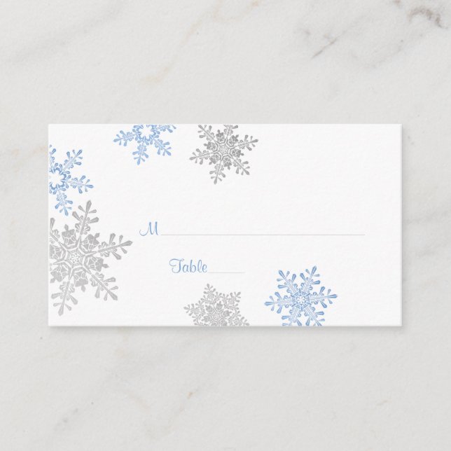 Blue Silver Snowflake Winter Wedding Place Cards (Front)