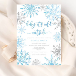 Blue silver snowflakes baby shower invitation