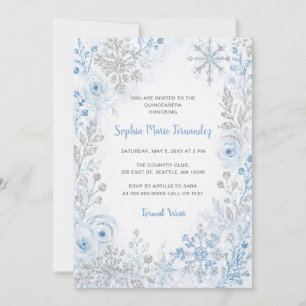 Blue Silver Snowflakes Floral Winter Quinceañera Invitation
