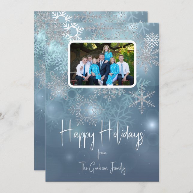 Blue & Silver Snowflakes Modern Flat Holiday Card (Front/Back)