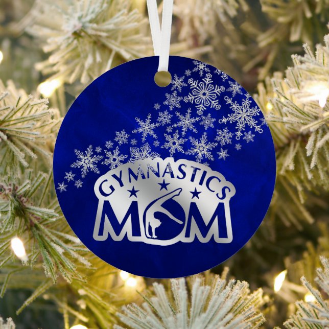 Blue Silver Snowflakes Proud Gymnastics Mum Metal Tree Decoration (Insitu)