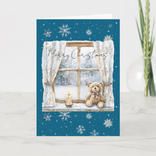 Blue Silver Snowflakes Window Teddy Bear Christmas Card
