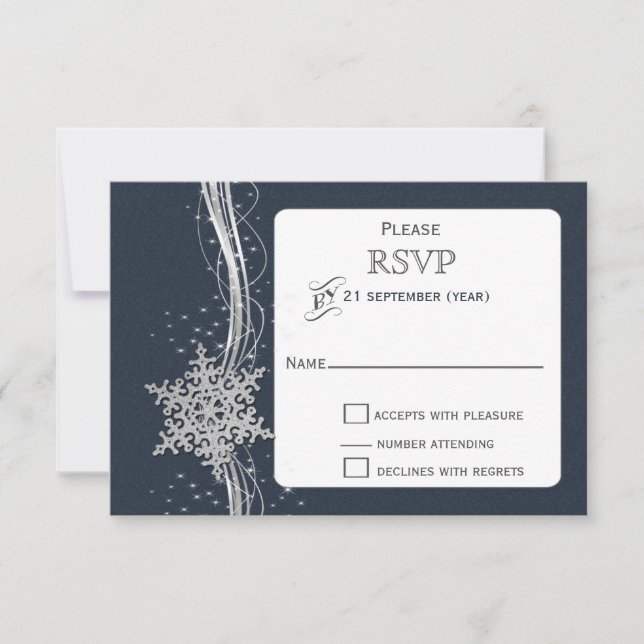 Blue Silver Snowflakes Winter wedding RSVP (Front)