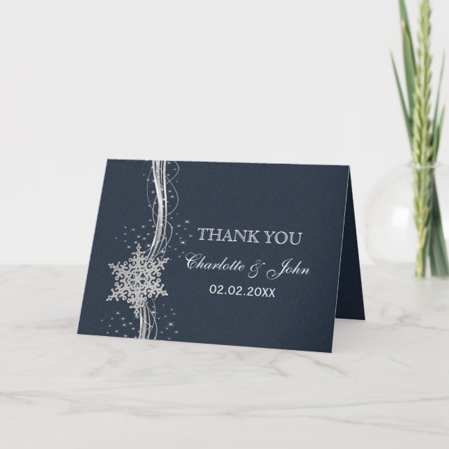 Blue Silver Snowflakes Winter wedding Thank You (Front)