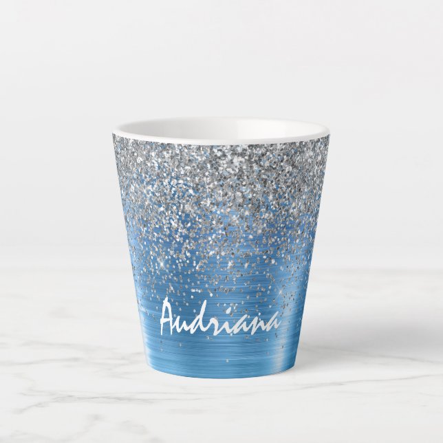 Blue Silver Sparkle Glitter personalised Latte Mug (Front)