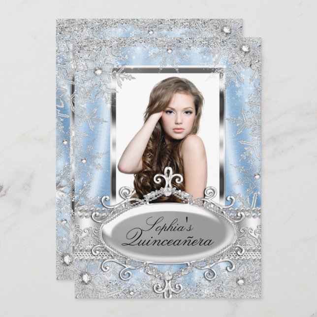 Blue Silver Sparkle Jewel Snowflake Quinceanera Invitation (Front/Back)
