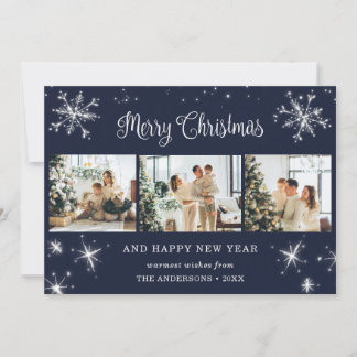 Blue Silver Sparkly Snowflake Photo Collage Holiday Card