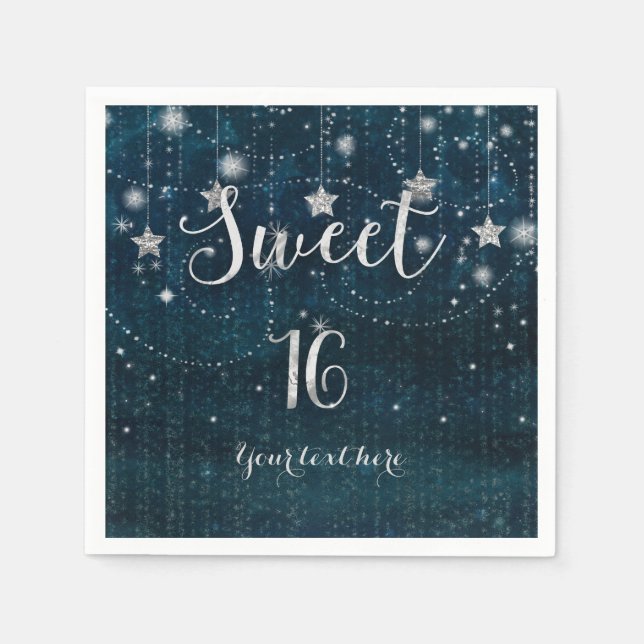 Blue & Silver Starry Celestial Sweet 16 Party Napkin (Front)