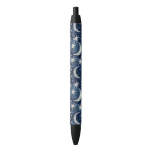 Blue Silver Stars Moons Black Ink Pen