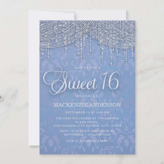 Blue Silver String Lights Damask Sweet 16 Invitation (Front)