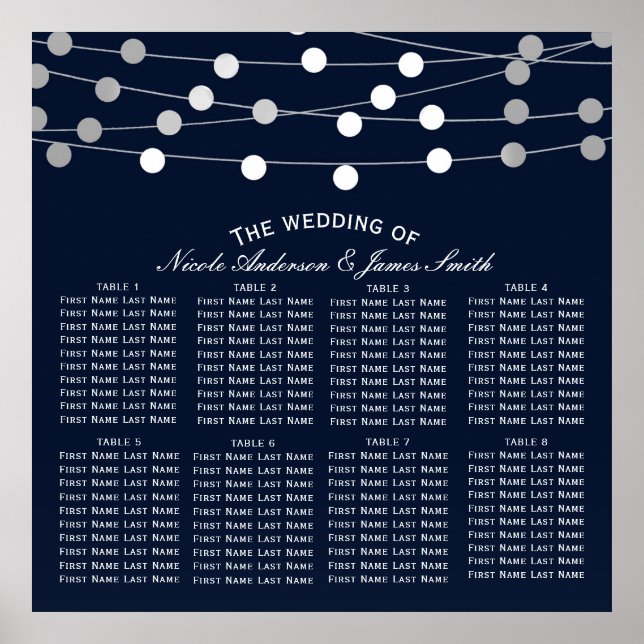 Blue Silver String Lights Modern Wedding Seating Poster (Front)