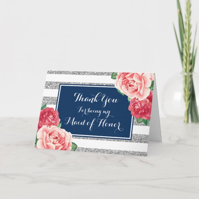 Blue Silver Stripe Pink Thanks Maid of Honour Thank You Card (Front)